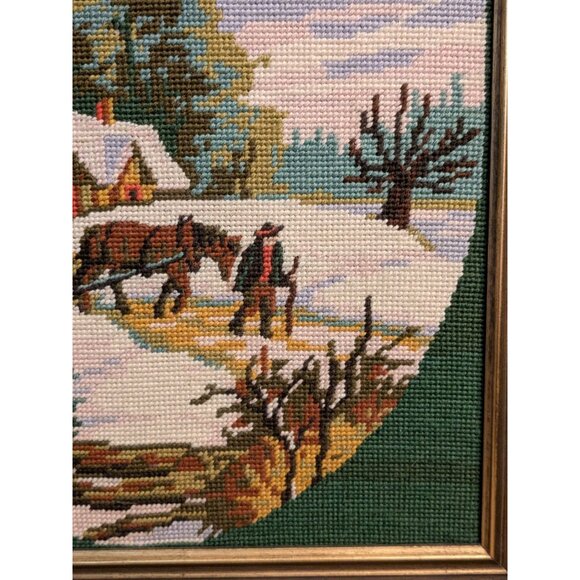 Vintage Framed Needlepoint Cross Stitch Winter Scene With Horse & Cottage - Picture 2 of 14